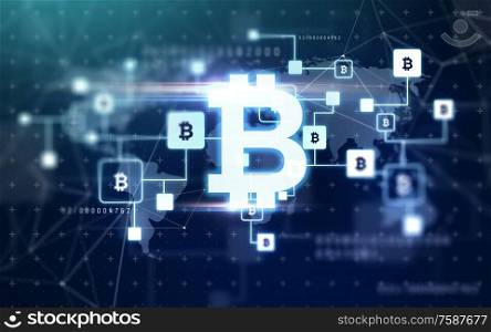 cryptocurrency, finance and business concept - bitcoin block chain projection over dark blue background. bitcoin block chain projection
