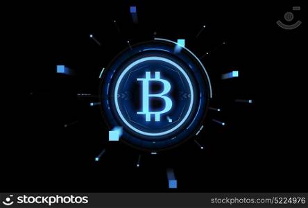 cryptocurrency, finance and business concept - blue bitcoin projection over black background. blue bitcoin projection over black background. blue bitcoin projection over black background
