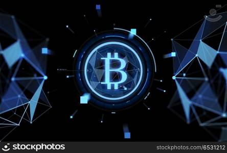 cryptocurrency, finance and business concept - blue bitcoin projection over black background. blue bitcoin projection over black background. blue bitcoin projection over black background