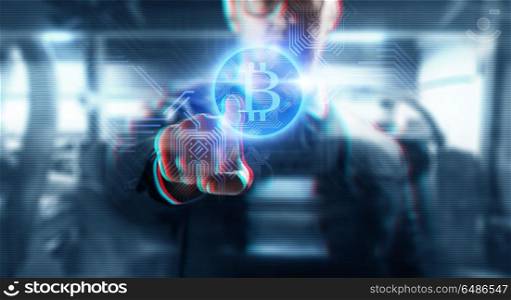cryptocurrency, finance and business concept - close up of businessman with virtual bitcoin symbol hologram over abstract background. close up of businessman with bitcoin hologram. close up of businessman with bitcoin hologram