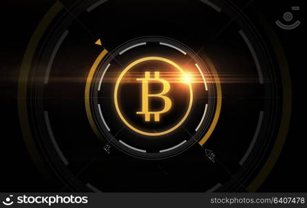 cryptocurrency, finance and business concept - gold bitcoin projection over black background. gold bitcoin projection over black background