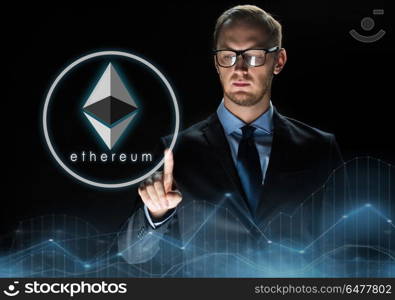 cryptocurrency, financial technology and business concept - businessman with ethereum hologram over black background with virtual chart. businessman with ethereum hologram over black. businessman with ethereum hologram over black