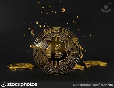 Cryptocurrency golden bitcoin coin on black background. Symbol of crypto currency - electronic virtual money for web banking, international network payment. Business, finance, technology. 3D render. Cryptocurrency golden bitcoin coin on black background. Symbol of crypto currency - electronic virtual money for web banking and international network payment. Business, finance, technology. 3D render