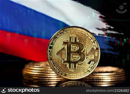 Cryptocurrency standing in front of Blurred Russia flag. Concept of countermeasure against financial sanctions