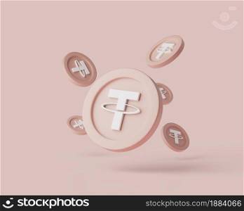 Cryptocurrency Thether coins levitate on pastel background. 3d render illustration with soft lights. Isolated objects. Cryptocurrency Thether coins levitate on pastel background. 3d render illustration with soft lights.