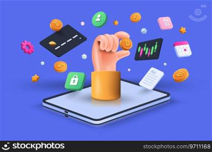 Cryptocurrency transaction and Mobile banking infographic. Send money. Bitcoin digital wallet. E-payment 3d concept. International money transfer isometric vector illustration