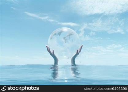 Crystal ball floating in water with hands cupped around it. 3D rendering