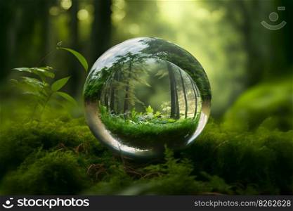 Crystal ball on green grass with reflection of green vegetation inside. Neural network AI generated art. Crystal ball on green grass with reflection of green vegetation inside. Neural network generated art