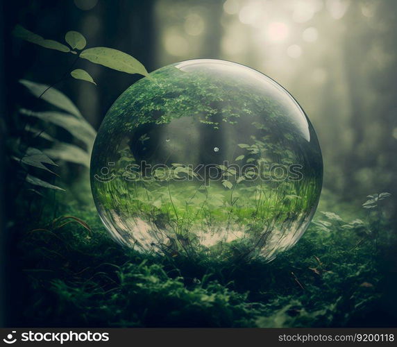 Crystal ball on green grass with reflection of green vegetation inside. Neural network AI generated art. Crystal ball on green grass with reflection of green vegetation inside. Neural network generated art