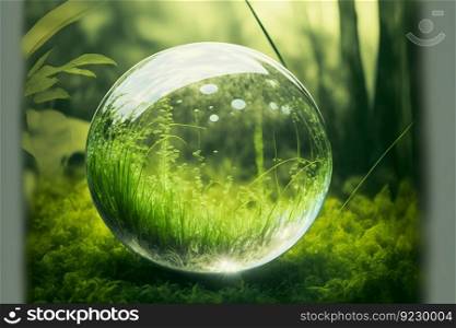 Crystal ball on green grass with reflection of green vegetation inside. Neural network AI generated art. Crystal ball on green grass with reflection of green vegetation inside. Neural network generated art