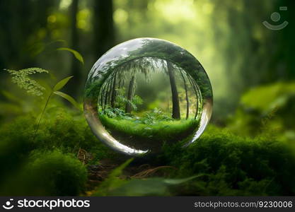 Crystal ball on green grass with reflection of green vegetation inside. Neural network AI generated art. Crystal ball on green grass with reflection of green vegetation inside. Neural network generated art