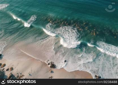 Crystal clear ocean waters and a stunning aerial view of a beautiful beach provide a scenic paradise for outdoor fun and exploration. AI Generative.