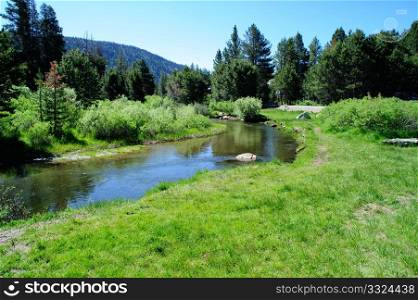 Crystal clear stream passing through a grassy meadow in the California Sierra Nevada mountains.. Sierra Stream And Meadow