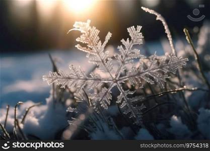 Crystal of snowflake macro on snow background in sunny day. Beautiful ice crystals during frost in winter. AI generated . Crystal of snowflake macro on snow background in sunny day. AI generated