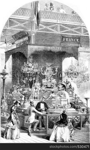 Crystal Palace, French exhibition of original subjects of bronze, vintage engraved illustration. Magasin Pittoresque 1852.