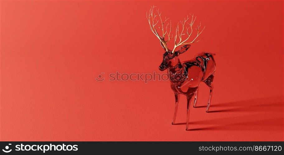 Crystal reindeer statue sculpture on red background for Christmas and New year party with copy space. Holiday and seasonal concept. 3D illustration rendering