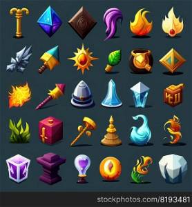 crystal rpg 2d game icons ai generated. medieval background, magic design, fantasy ui crystal rpg 2d game icons illustration. crystal rpg 2d game icons ai generated
