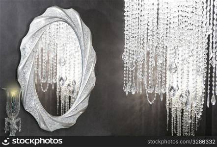 Crystal strass lamp oval mirror modern decoration on black wall