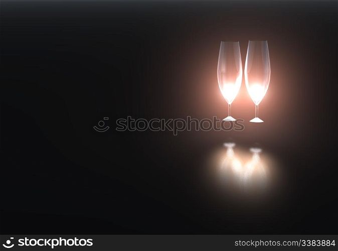Crystal wine glasses illuminated by romantic light (reflection on a metal surface)