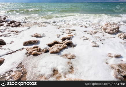 crystalline salt on beach of Dead Sea, Jordan