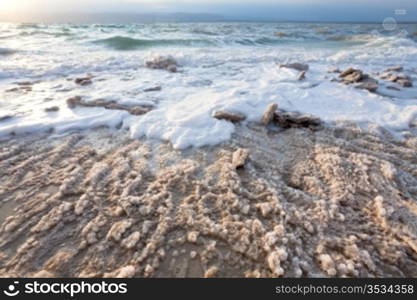 crystalline salt on beach of Dead Sea, Jordan