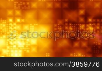 Crystals (pyramids) slowly fly on a dark red background and reflect gold light.