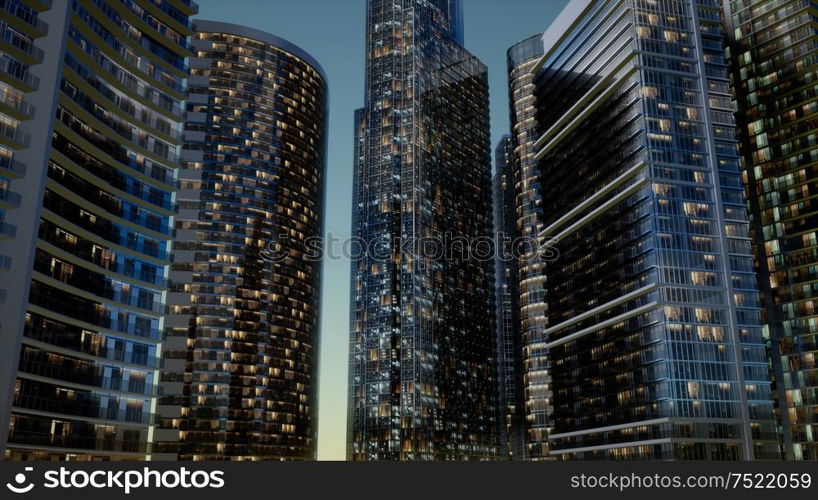 cty skyscrapers at night with dark sky. City Skyscrapers at Night