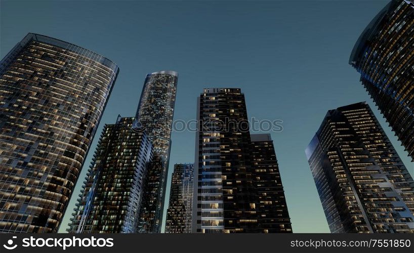 cty skyscrapers at night with dark sky. City Skyscrapers at Night
