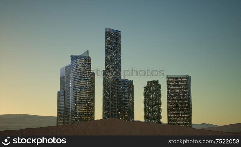 cty skyscrapers at night with dark sky in desert. City Skyscrapers at Night in Desert