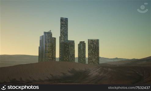 cty skyscrapers at night with dark sky in desert. City Skyscrapers at Night in Desert