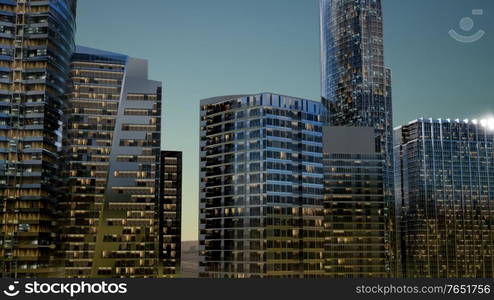 cty skyscrapers at night with dark sky in desert. City Skyscrapers at Night in Desert