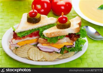 Cub sandwich on a green place mat with yellow soup