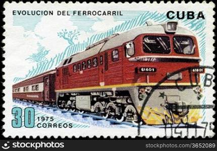 CUBA - CIRCA 1975 : A post stamp printed in Cuba shows moving train and devoted evolution of railway traffic,series .Circa 1975