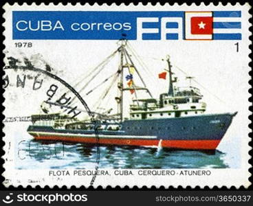 CUBA - CIRCA 1978: A stamp printed by Cuba shows an ship cerquero tunny fisherman, stamp from series devoted fishing fleet of Cuba, circa 1978.