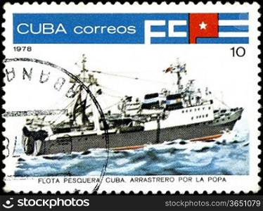 CUBA - CIRCA 1978: A stamp printed by Cuba shows an ship trawler for the poop , stamp from series devoted fishing fleet of Cuba, circa 1978.