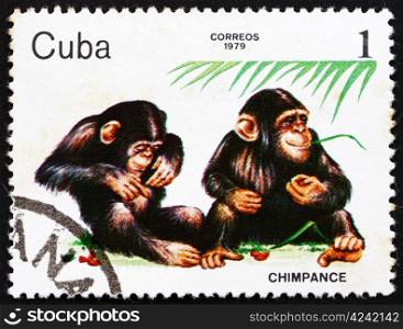 CUBA - CIRCA 1979: a stamp printed in the Cuba shows Chimpanzee, ZOO Animals, circa 1979