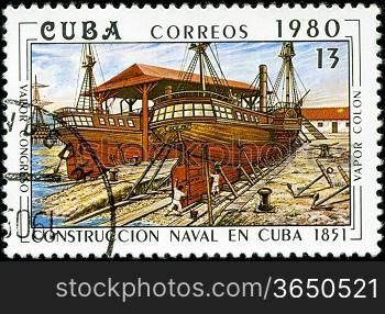 CUBA - CIRCA 1980: A stamp printed by the Cuban Post shows construction of two Cuban steamships &acute;Congreso&acute; ; and &acute;Colon&acute;, built in 1851, circa 1980