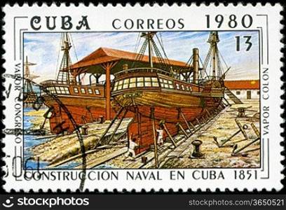CUBA - CIRCA 1980: A stamp printed by the Cuban Post shows construction of two Cuban steamships &acute;Congreso&acute; ; and &acute;Colon&acute;, built in 1851, circa 1980