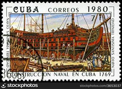 CUBA - CIRCA 1980: A stamp printed by the Cuban Post shows construction Cuban steamships &acute;Trinidad&acute; , built in 1869, circa 1980