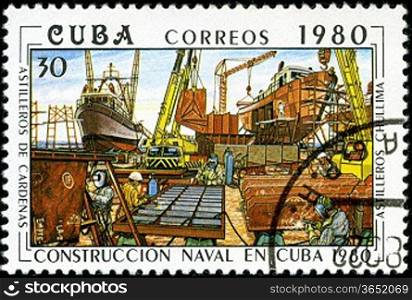 CUBA - CIRCA 1980: A stamp printed in Cuba shows image shipyard from series &acute;Constructing of ships on Cuba&acute;, circa 1980