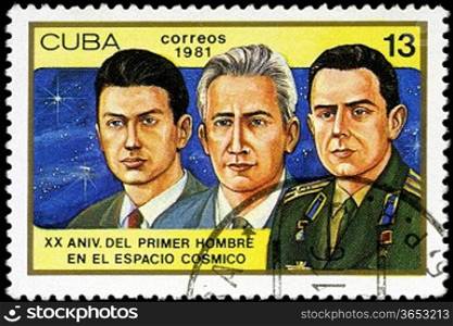 CUBA - CIRCA 1981: a stamp printed in the Cuba shows Konstantin Feoktistov, Boris Yegorov and Vladimir Komarev, Voskhod 1 Crew, 20th Anniversary of 1st Man in Space, circa 1981