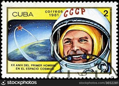 CUBA - CIRCA 1981: a stamp printed in the Cuba shows Yuri Gagarin, 1st Man in Space, 20th Anniversary of 1st Man in Space, circa 1981