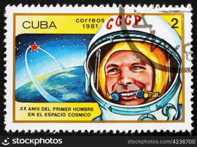 CUBA - CIRCA 1981: a stamp printed in the Cuba shows Yuri Gagarin, 1st Man in Space, 20th Anniversary of 1st Man in Space, circa 1981