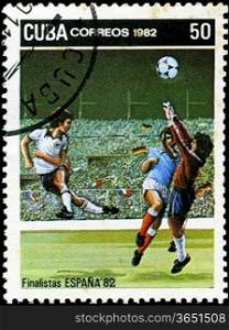 CUBA - CIRCA 1982: A post stamp printed in Cuba shows shows football, series devoted World Cup in Spain, circa 1982.