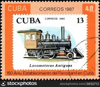 CUBA - CIRCA 1987: A Stamp printed in the Cuba shows antique locomotive, Cuban Railway, 150th anniversary, series, circa 1987