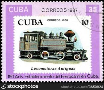 CUBA - CIRCA 1987: A Stamp printed in the Cuba shows antique locomotive, Cuban Railway, 150th anniversary, series, circa 1987