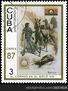CUBA - CIRCA 1987: A stamp printed in the Cuba, shows traditional old vehicles. Bolivian llama, circa 1987