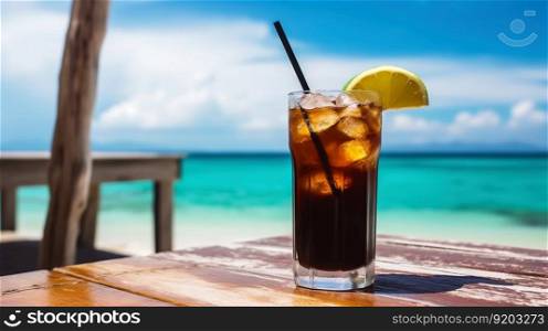 Cuba Libre cocktail on background with blue sea and sky tropical background. Generative AI.. Cuba Libre cocktail on background with blue sea and sky tropical background. Generative AI