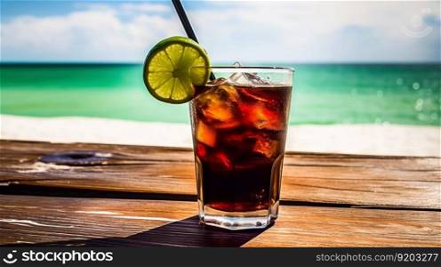 Cuba Libre cocktail on background with blue sea and sky tropical background. Generative AI.. Cuba Libre cocktail on background with blue sea and sky tropical background. Generative AI