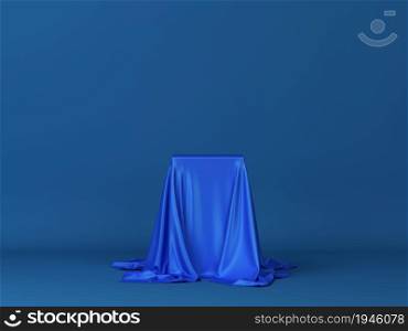 Cube covered with piece of cloth. Minimal scene. 3d illustration. Showcase for your products